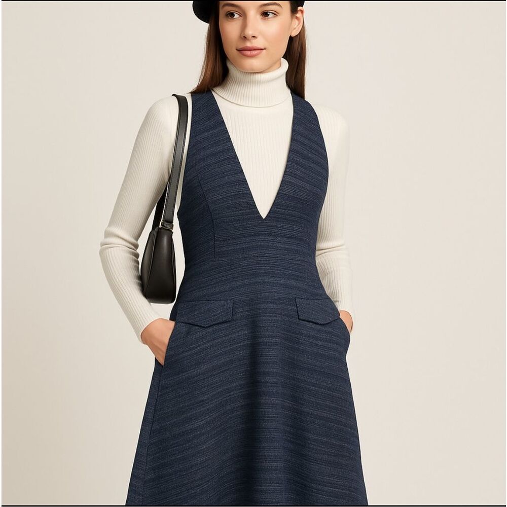 A.L.C. Tweed Navy Blue Deep V Sleeveless knee length Dress Size 6